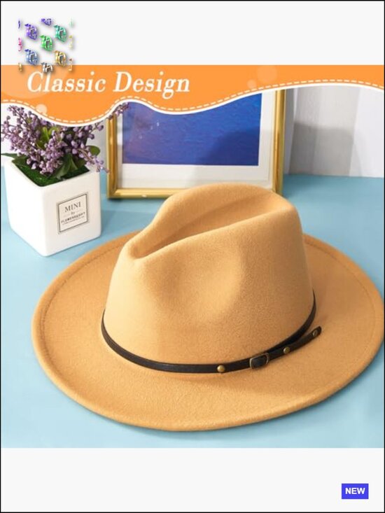Felt Wide Brim Fedora Hat with Belt Buckle Vintage Boho  display picture 3